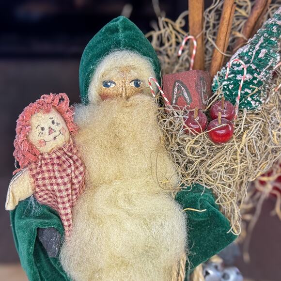 Primitive Folk Art Vintage Cloth Face Santa w Doll Christmas Tabletop Decor 11” - Picture 7 of 14